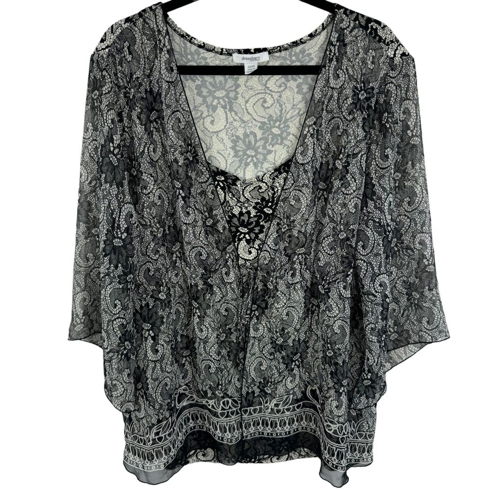 Dressbarn db Twofer Cardigan Blouse Top Size 22/24 2X Black/White 3/4 Sleeves